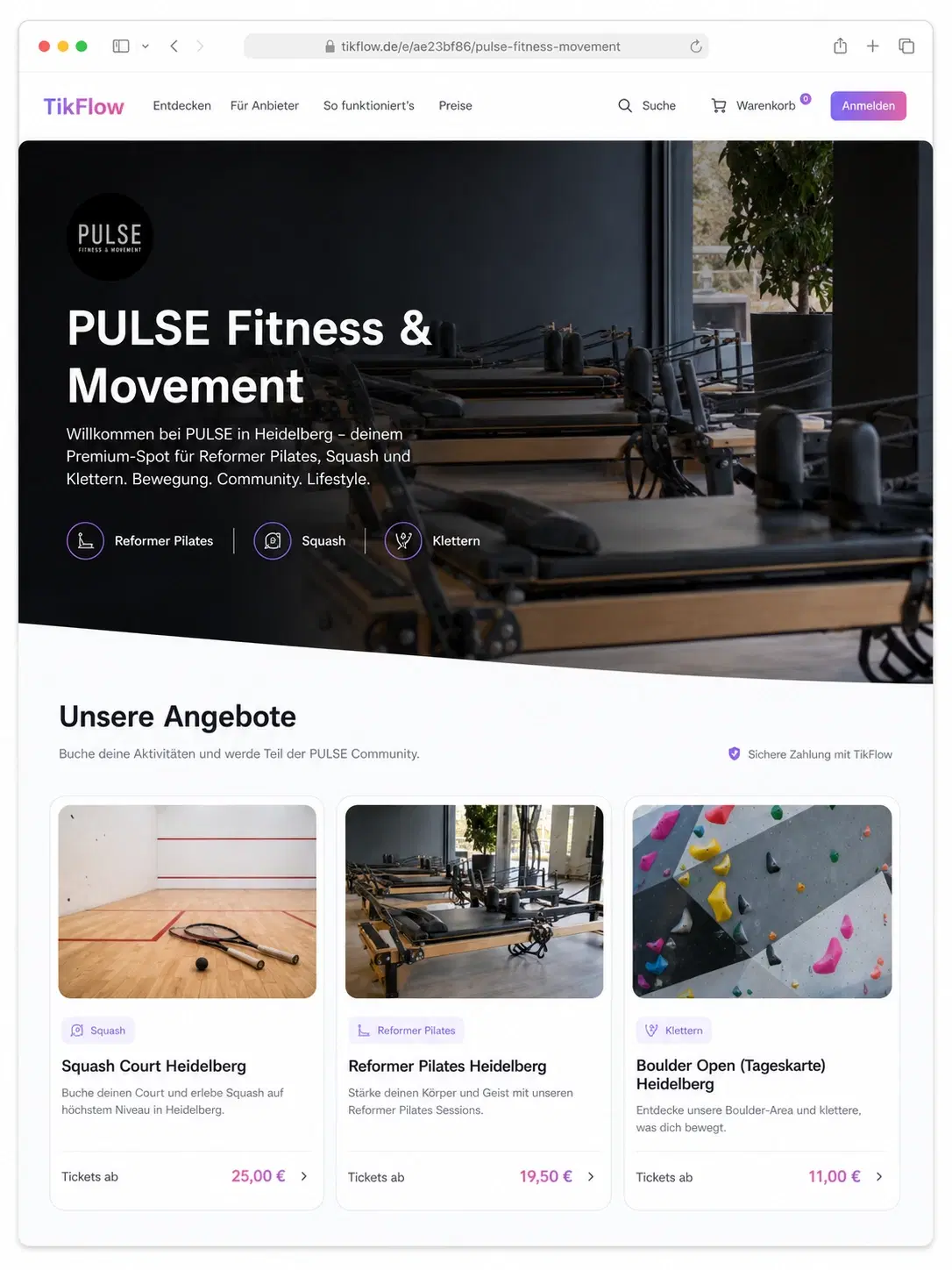 TikFlow Ticketshop PULSE Fitness & Movement mit Angeboten wie Squash, Reformer Pilates und Boulder